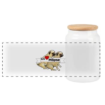 Ich liebe Möpse Mops, Hund, Geschenk Sprüche - Panorama Keksdose mit Holzdeckel - Weiß - Vorne