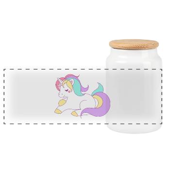 cute unicorn - Panoramic Cookie Jar with Wooden Lid - white - Front