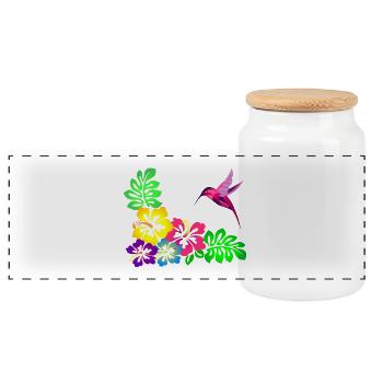 Tropisches Hibiskusmotiv Kolibri - Panorama Keksdose mit Holzdeckel - Weiß - Vorne