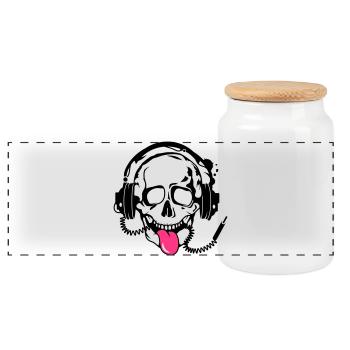 A skull stretched tongue out with headphones - Panoramic Cookie Jar with Wooden Lid - white - Front