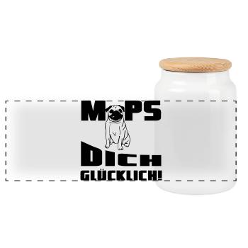 Mops dich glücklich! Geschenk - Panorama Keksdose mit Holzdeckel - Weiß - Vorne