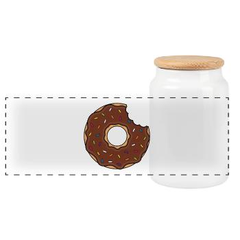 Donut mit Biss in braun mit bunten Zuckerstreuseln - Panorama Keksdose mit Holzdeckel - Weiß - Vorne