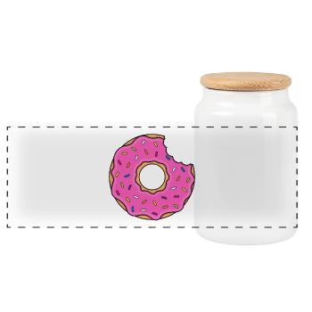 Donut mit Biss in pink mit bunten Zuckerstreuseln - Panorama Keksdose mit Holzdeckel - Weiß - Vorne