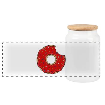 Donut mit Biss in rot mit bunten Zuckerstreuseln - Panorama Keksdose mit Holzdeckel - Weiß - Vorne
