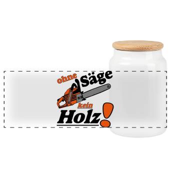 Motorsäge , Kaminholz , ohne Säge kein Holz(25) - Panorama Keksdose mit Holzdeckel - Weiß - Vorne