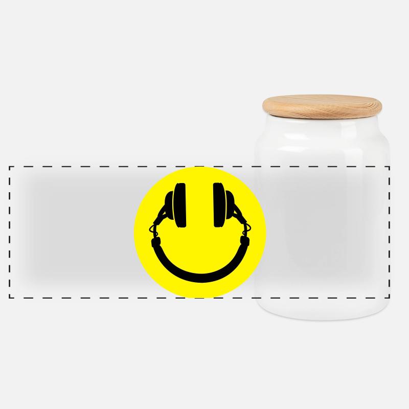 Kopfhörer smiley - Panorama Keksdose mit Holzdeckel - Weiß
