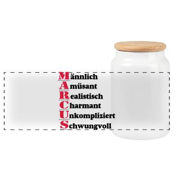 Marcus Vorname,Namensschild,Name,Fun Shirt (25) - Panorama Keksdose mit Holzdeckel - Weiß - Vorne