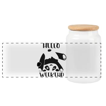 hello weekend, panda, bear - Panoramic Cookie Jar with Wooden Lid - white - Front