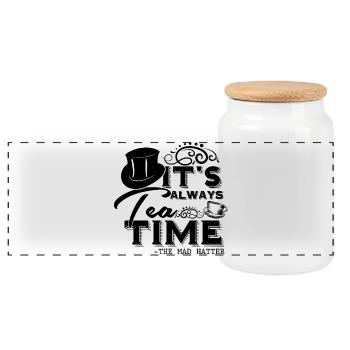 Alice in wonderland quote: It’s always tea time - Panoramic Cookie Jar with Wooden Lid - white - Front