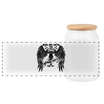 Never drive faster than your guardian angel flies - Panoramic Cookie Jar with Wooden Lid - white - Front
