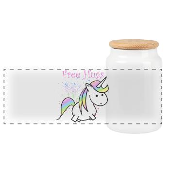 Pastel Rainbow Unicorn Free Hugs - Panoramic Cookie Jar with Wooden Lid - white - Front