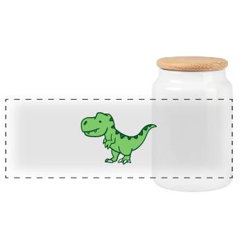 Kleiner Grün-Dino Cartoon - Panorama Keksdose mit Holzdeckel - Weiß - Vorne