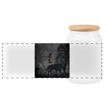 Tolle Fee mit Wolf - Panorama Keksdose mit Holzdeckel - Weiß - Vorne