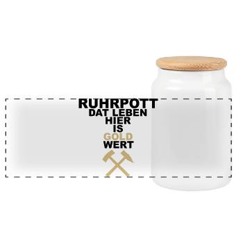 RUHRPOTT DAT LEBEN HIER IS GOLD WERT - Panorama Keksdose mit Holzdeckel - Weiß - Vorne