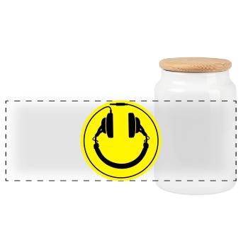 smiley headphones - Panoramic Cookie Jar with Wooden Lid - white - Front