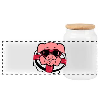 A pig with sunglasses and Life-Belt - Panoramic Cookie Jar with Wooden Lid - white - Front
