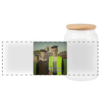 American Gothic in gelber Weste - Panorama Keksdose mit Holzdeckel - Weiß - Vorne