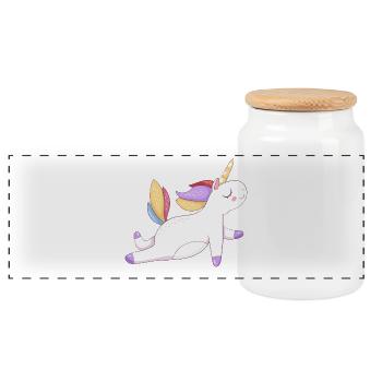 Buntes Einhorn sitzend, Pastellmuster - Panorama Keksdose mit Holzdeckel - Weiß - Vorne