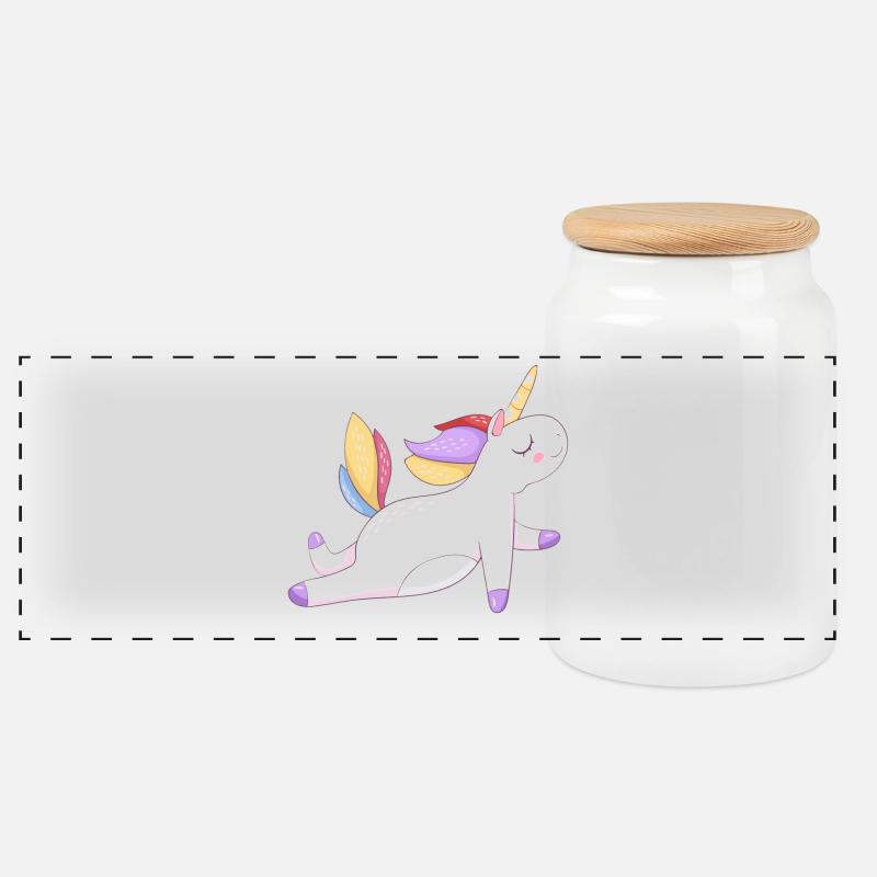 Buntes Einhorn sitzend, Pastellmuster - Panorama Keksdose mit Holzdeckel - Weiß