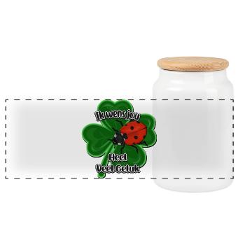 Lucky Ladybug on Clover Four - Panoramic Cookie Jar with Wooden Lid - white - Front