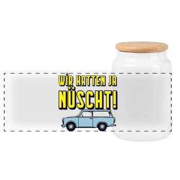  Universal Kombi , Wir hatten ja nüscht!(25 - Panorama Keksdose mit Holzdeckel - Weiß - Vorne