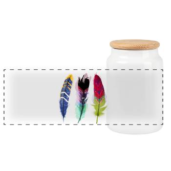Colorful Feather Art Trio - Panoramic Cookie Jar with Wooden Lid - white - Front
