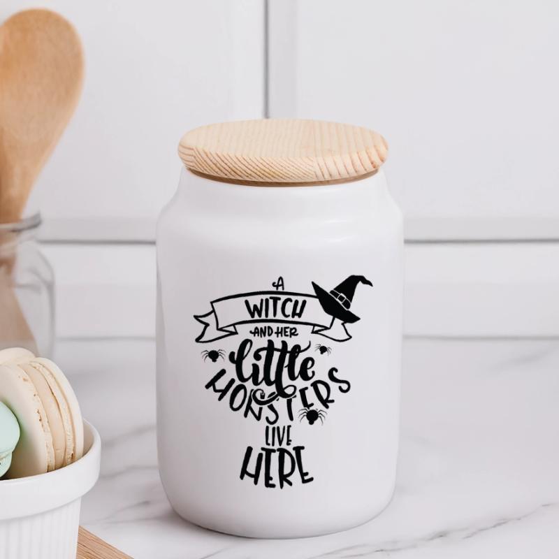 Witch witch hat Halloween costume gift Panoramic Cookie Jar with Wooden Lid