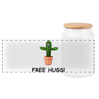 Kaktus breitet herzlich die Arme aus – FREE HUGS! - Panorama Keksdose mit Holzdeckel - Weiß - Vorne