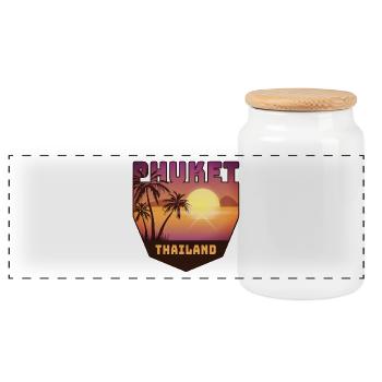 Phuket Design mit Palmen und Sonne / Geschenk - Panorama Keksdose mit Holzdeckel - Weiß - Vorne