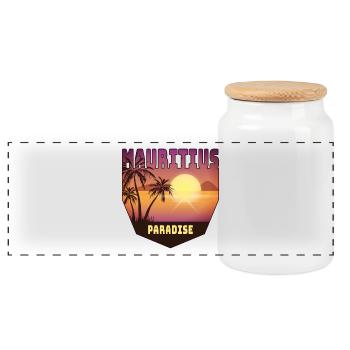 Mauritius design with palm trees and sun / gift - Panoramic Cookie Jar with Wooden Lid - white - Front
