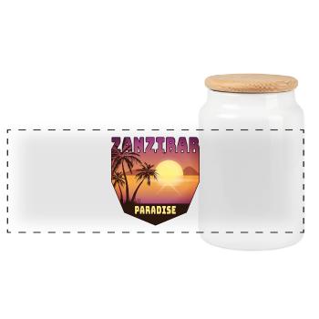 Design mit Palmen und Sonne / Geschenk - Panorama Keksdose mit Holzdeckel - Weiß - Vorne