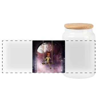 Little fairy on a swing with dragonfly - Panoramic Cookie Jar with Wooden Lid - white - Front