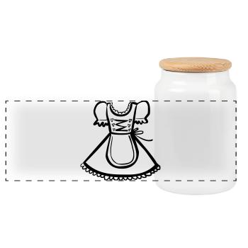 Dirndl – Schwarz-Weiß-Zeichnung – einfärbbar - Panorama Keksdose mit Holzdeckel - Weiß - Vorne