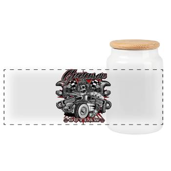 Hot rod garage - Panoramic Cookie Jar with Wooden Lid - white - Front