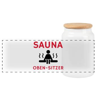 Cooler Spruch: Sauna Geschenk, Geschenkidee, Sauna - Panorama Keksdose mit Holzdeckel - Weiß - Vorne