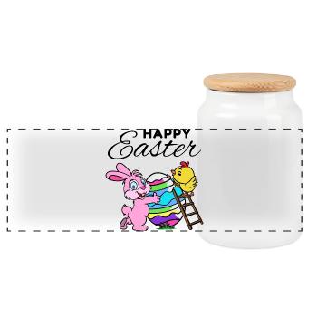 Happy Easter Easter Bunny Easter Chick Sweet - Panoramic Cookie Jar with Wooden Lid - white - Front