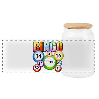 Lebendiges Bingo-Freiball-Design - Panorama Keksdose mit Holzdeckel - Weiß - Vorne