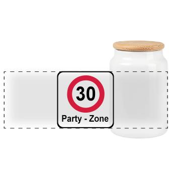 30.Geburtstag , Schild Party Zone (25) - Panorama Keksdose mit Holzdeckel - Weiß - Vorne