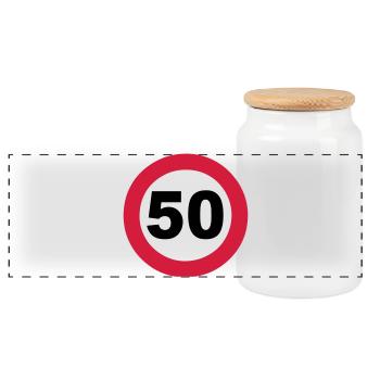 50.Geburtstag , 50 Jahre , Verkehrsschild 50 (25) - Panorama Keksdose mit Holzdeckel - Weiß - Vorne