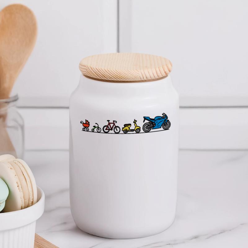 Motorcycle motorbikes evolution development bikers Panoramic Cookie Jar with Wooden Lid