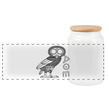 Owl of Athena [White + Ethnicon] - Panoramic Cookie Jar with Wooden Lid - white - Front