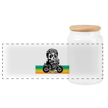 Totenkopf Motorrad - Panorama Keksdose mit Holzdeckel - Weiß - Vorne