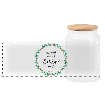 Christliches Design – Mein Erlöser lebt Hiob 19,25 - Panorama Keksdose mit Holzdeckel - Weiß - Vorne