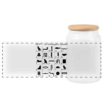 Hieroglyphic Alphabet - Panoramic Cookie Jar with Wooden Lid - white - Front