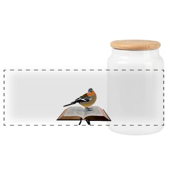 Chaffinch on book - Panoramic Cookie Jar with Wooden Lid - white - Front