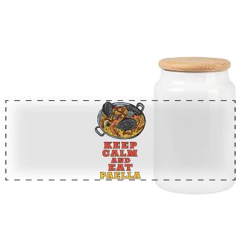Keep Calm and eat Paella Design / Geschenkidee - Panorama Keksdose mit Holzdeckel - Weiß - Vorne
