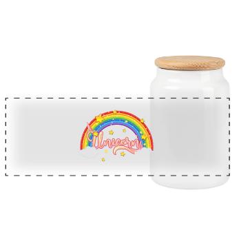 Bunter Regenbogen mit Einhornschriftzug - Panorama Keksdose mit Holzdeckel - Weiß - Vorne