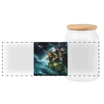 mpresionante wolf in the light of the moon - Panoramic Cookie Jar with Wooden Lid - white - Front