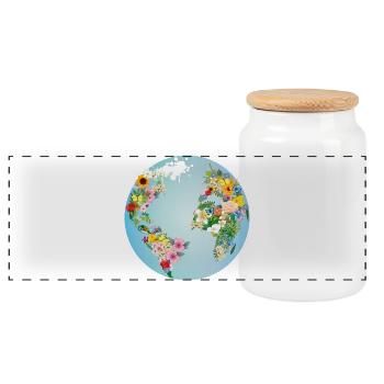 hellblaue Weltkugel mit Kontinente aus Blumen - Panorama Keksdose mit Holzdeckel - Weiß - Vorne