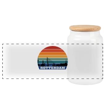 Rotterdam Skyline Silhouette Souvenir Netherlands - Panoramic Cookie Jar with Wooden Lid - white - Front